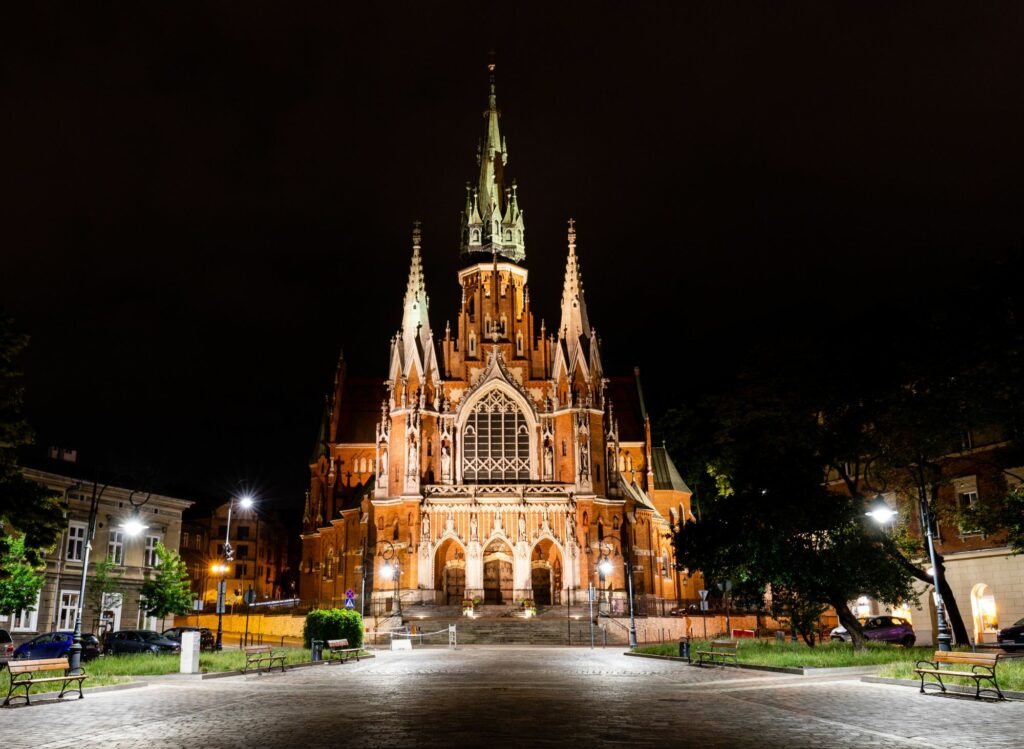 Neo-Gothic St. Joseph's Church in Podgórze, Kraków, lit up at night