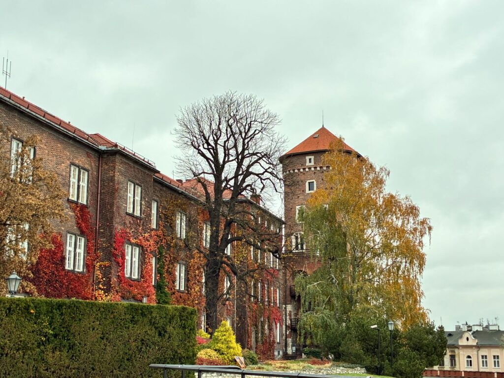 Backsteingebäude und der Sandomierska-Turm auf dem Wawel zwischen herbstlichen Bäumen